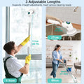 3 images showing the electric cleaning brushes 3 adjustable lengths. Fully extended at 111cm/43.7inches, halfway extended at 69cm/27.16inches and non extended at 27cm/10.63inches.