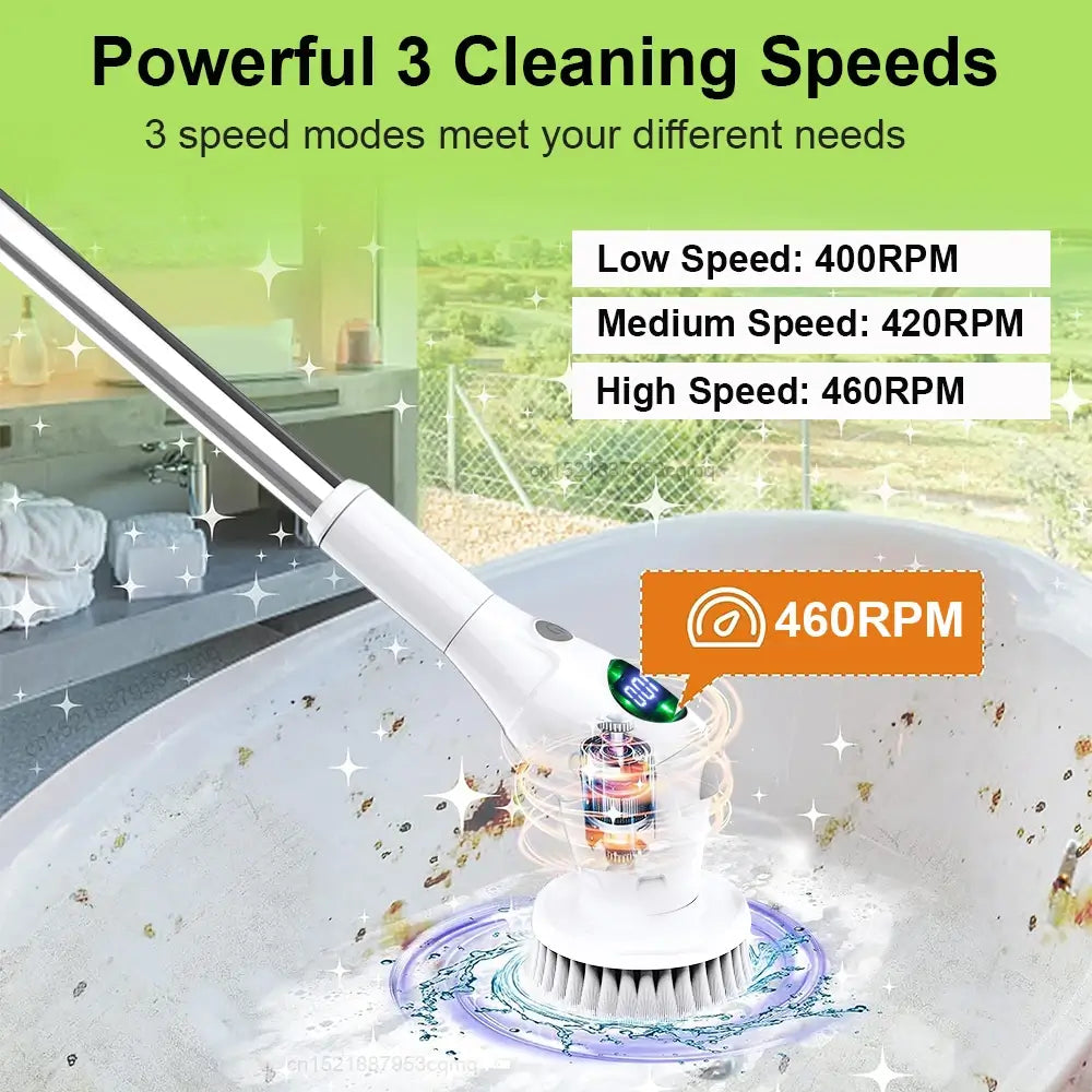 The electric cleaning brush power scrubbing on a surface covered with grime stating its at 460RPM. There are 3 speeds which consist of low speed at 400RPM, medium speed at 420RPM and high speed at 460RPM.