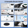 8 images, showing the 8 versatile attachable heads being used to power scrub 8 different surfaces.