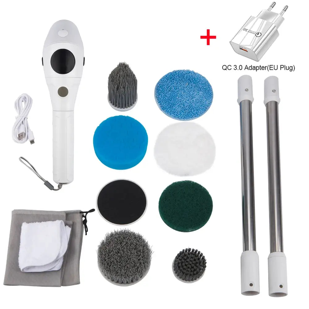 The electric cleaning brush, its 8 multi-functional head attachments, extension poles, charger cable, cleaning cloth, carrying bag and EU Plug adapter.