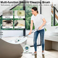 A women using the fully extended electric cleaning brush in a bathroom on a bathtub. 3 smaller graphics stating the devices multi-purpose. Bathtubs, toilets, kitchens, hard to reach corners and more.