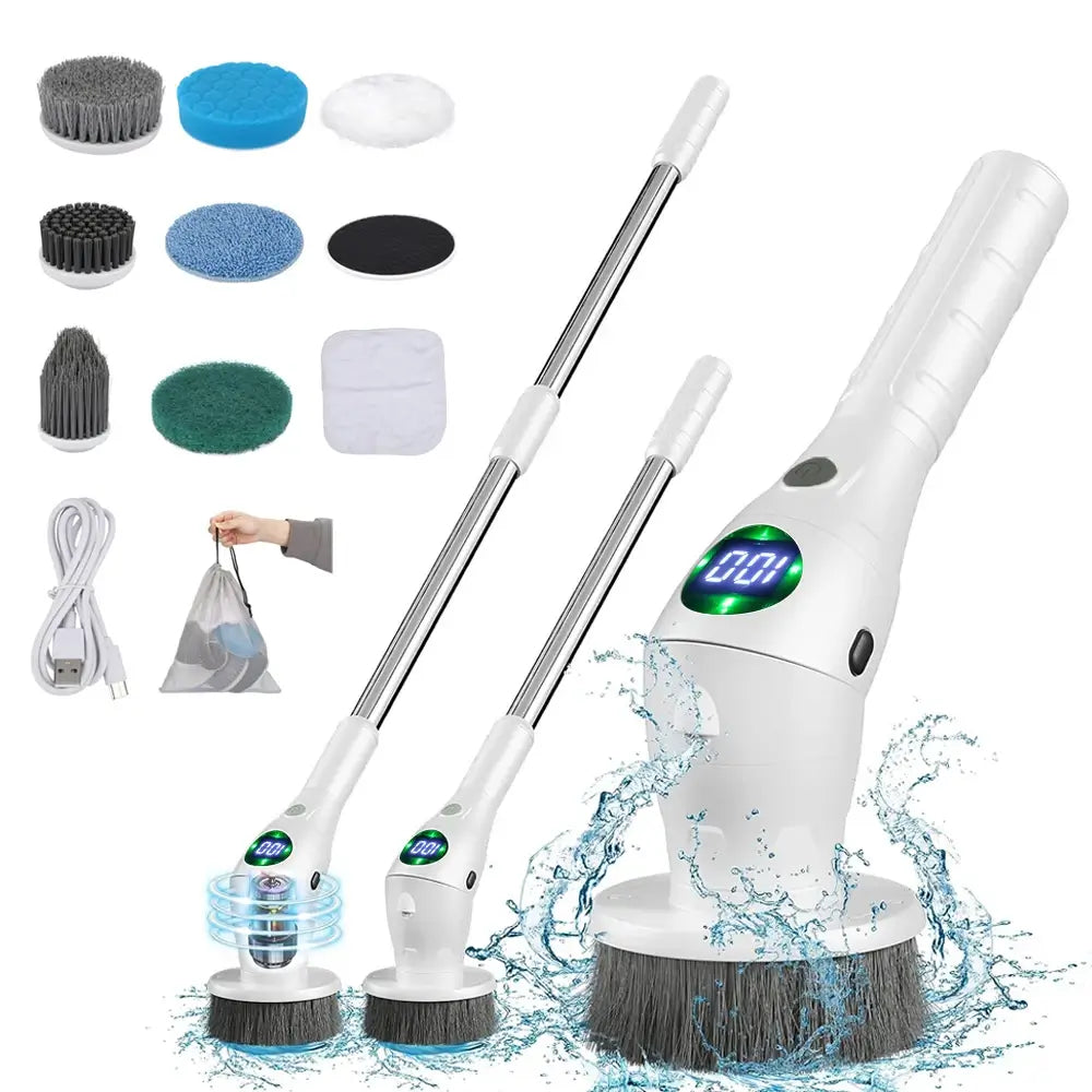 The electric cleaning brush in its 3 handheld positions. Fully extended, half extended and without extension. The device's inclusions. Multiple head attachments, charger cable and carrying bag.