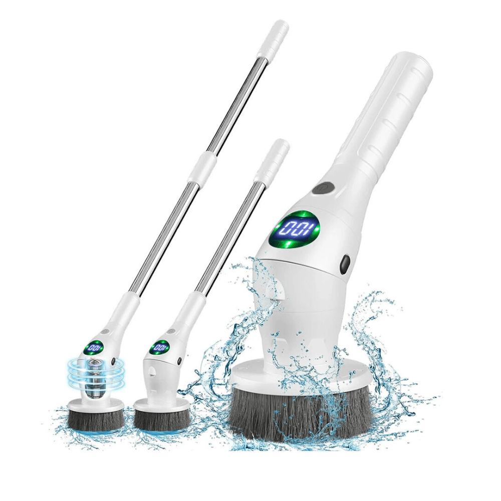 The electric cleaning brush in its 3 handheld positions. Fully extended, half extended and without extension.