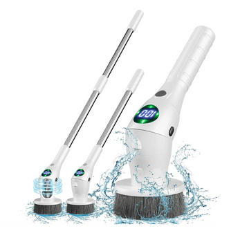 The electric cleaning brush in its 3 handheld positions. Fully extended, half extended and without extension.