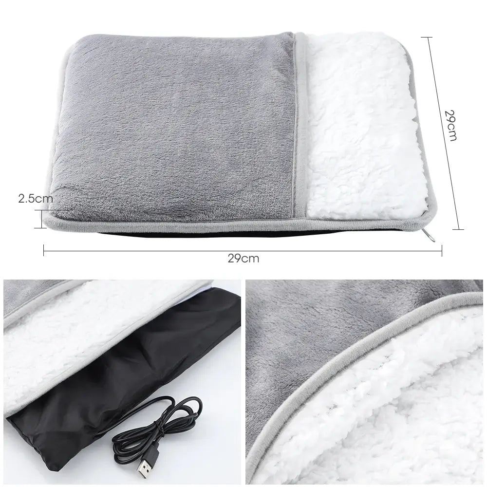 The electric foot heating pad and its dimensions of 29cm in length, 29cm in width and 2.5cm in depth. 2 other images of the devices internal material and USB cord.