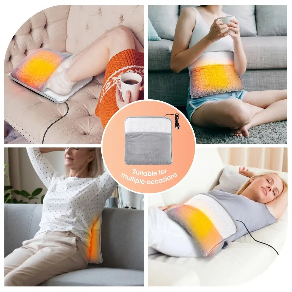 The electric foot heating pad in 4 different images being used by multiple women for different reasons. The device being used as a stomach warmer, belly warmer, lower back warmer and a belly warmer.