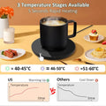 The electric mug warmer, heating up a cup of coffee. Charts and statistics stating the devices has 3 temperature settings and 5 second rapid heating. 40-45 degrees, 46-50 degrees and 51-60 degrees celsius.