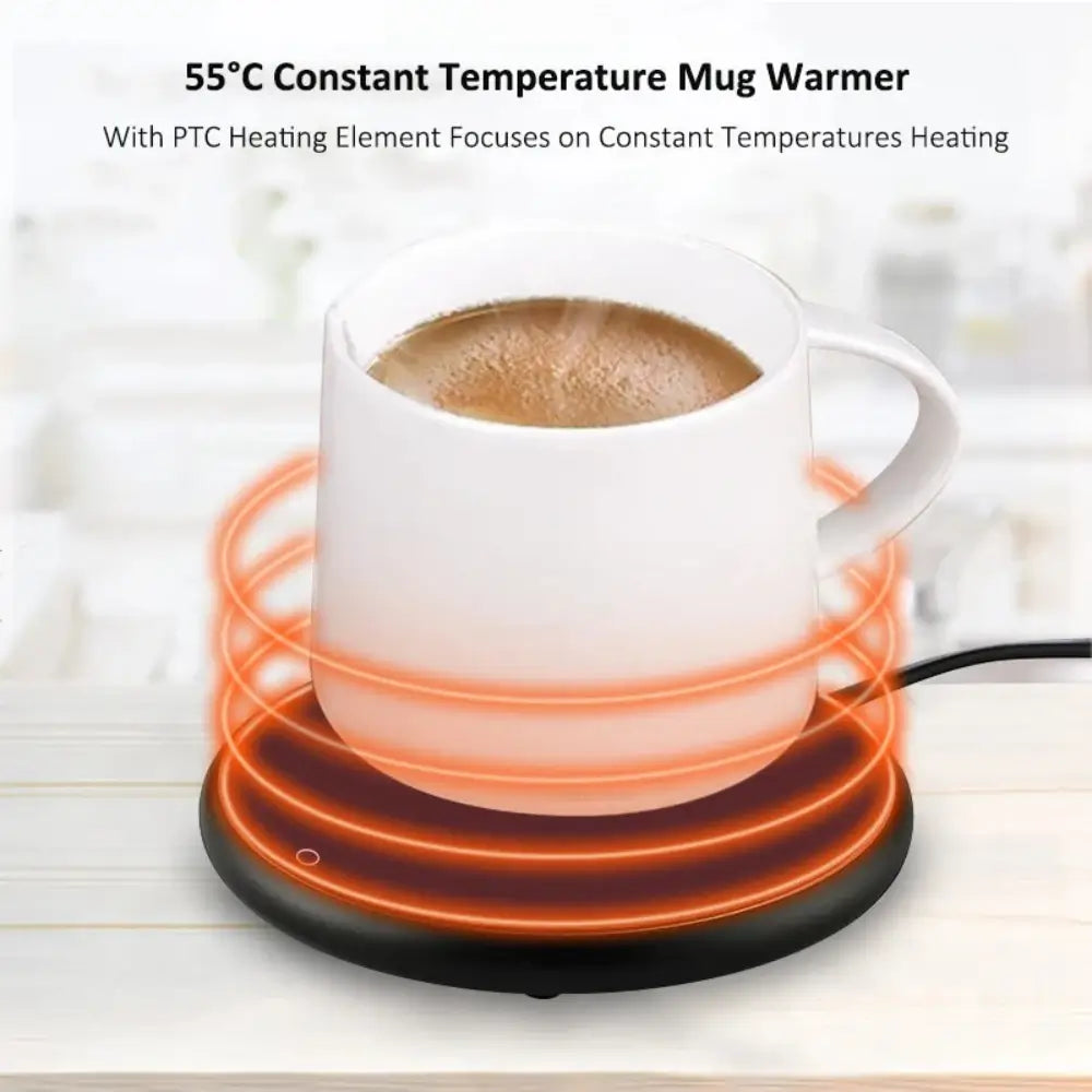 The electric mug warmer, heating up a cup of coffee with a constant temperature of 55 degrees celsius.