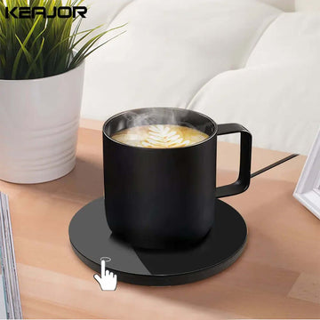 The electric mug warmer, heating up a cup of coffee.