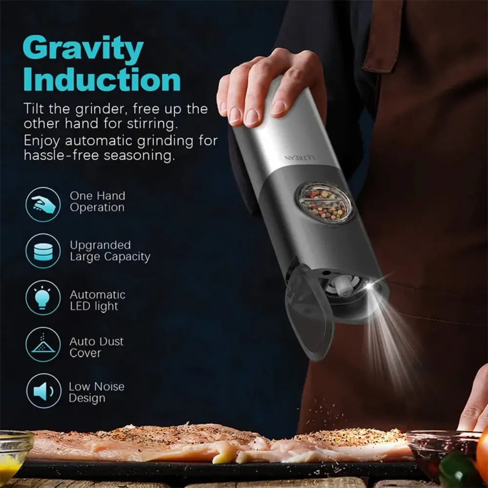 Someone using the electric salt pepper grinder to season their food. The motorized automatic device is one hand operated, upgraded large capacity, automatic LED light, auto dust cover and is a low noise design. 