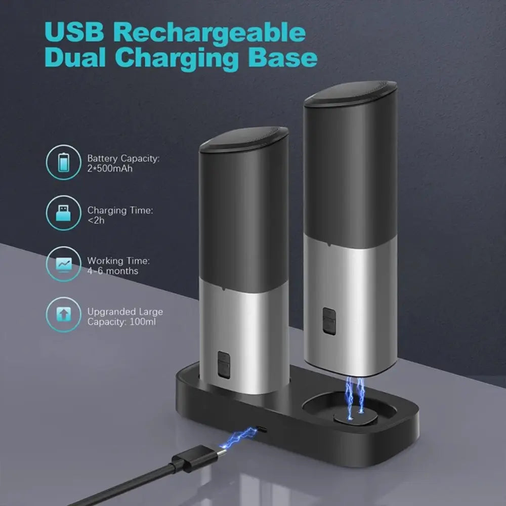 The duel electric salt pepper grinder set and its charging station. Battery capacity of 500mAh, charging time of under 2 hours, working time of 4 to 6 months and an upgraded capacity of 100ml.