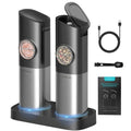 The electric salt and pepper grinder set with its dual charging base, USB charging cord, spoon and packaging.