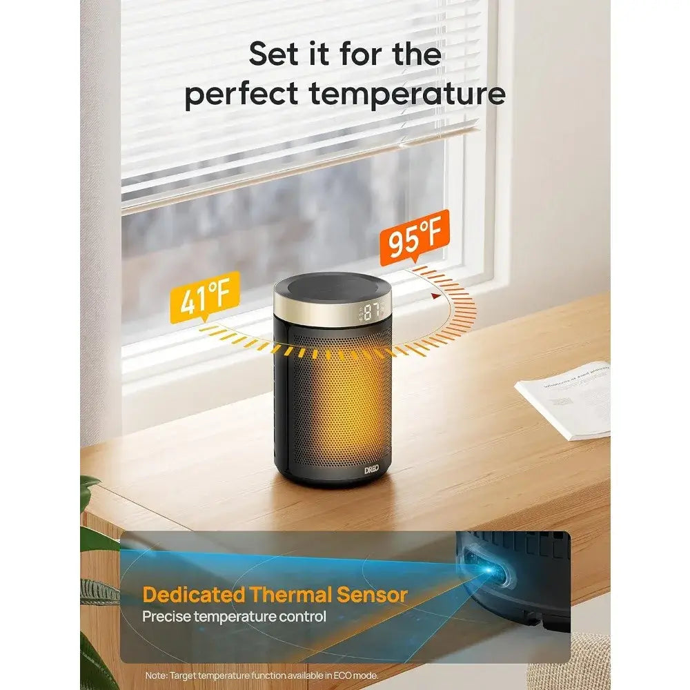 The portable electric heater with a graphic showcasing its perfect temperature range.