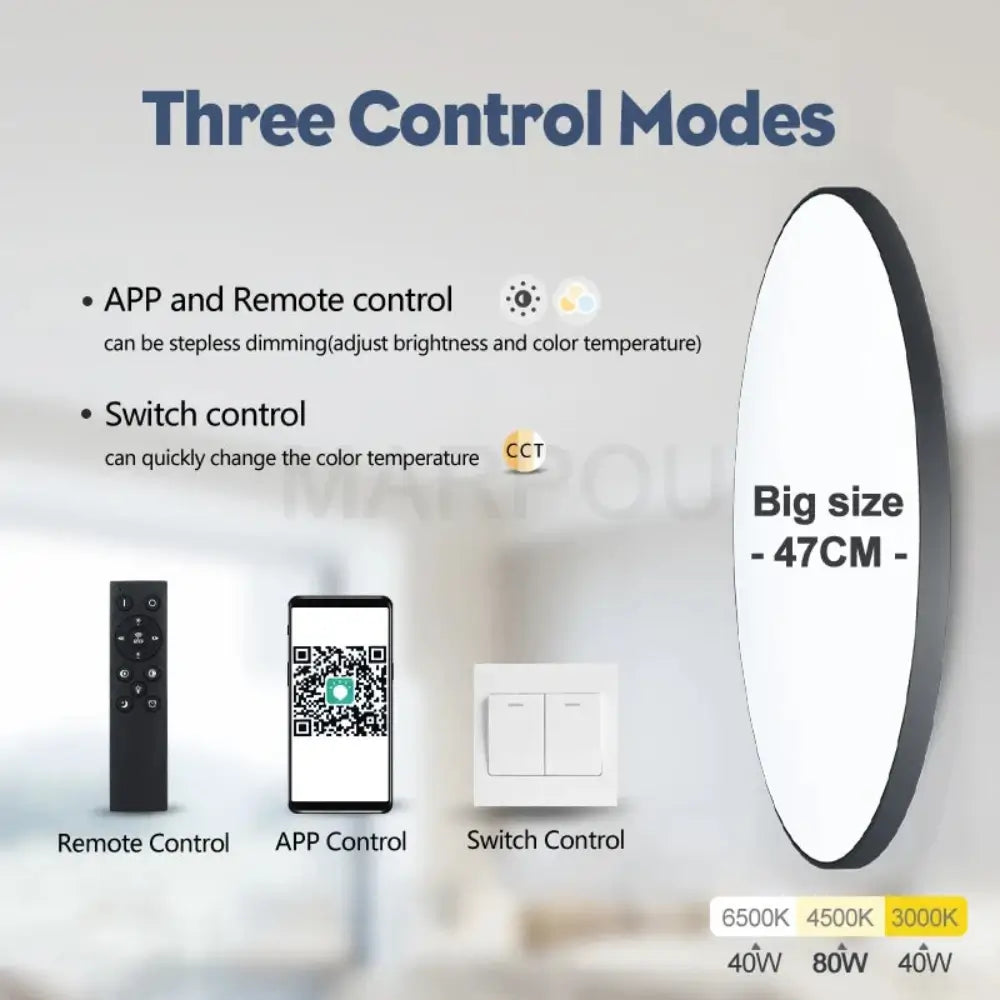 The smart ceiling lamp showcasing its 3 control modes, remote control, App control and switch control.