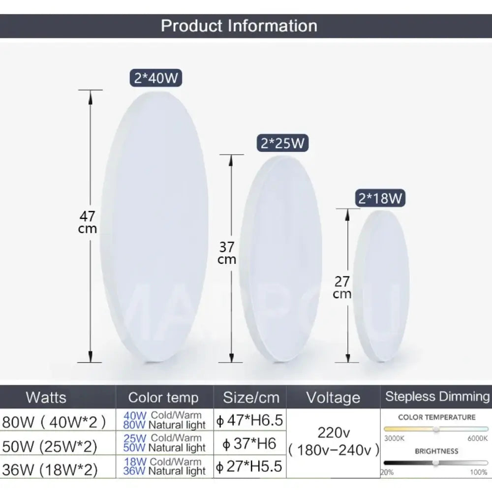 The smart ceiling lamp specifications and sizes.