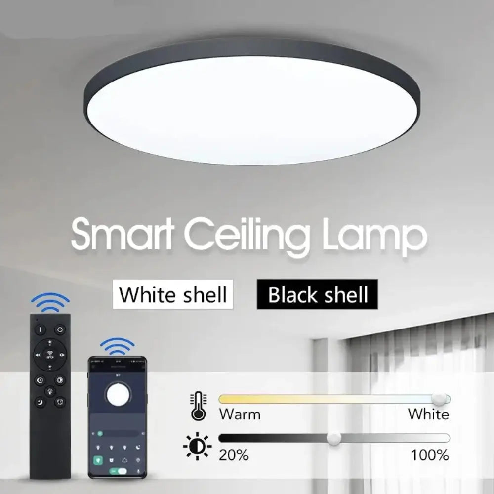 The smart ceiling lamp in black, mounted to a ceiling.