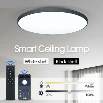 The smart ceiling lamp in black, mounted to a ceiling.