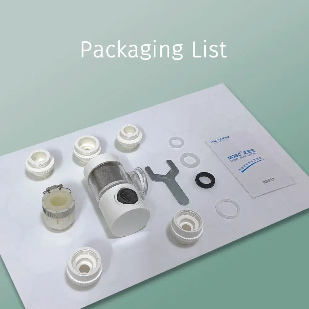 The tap water purifier filtration system package list and inclusions.