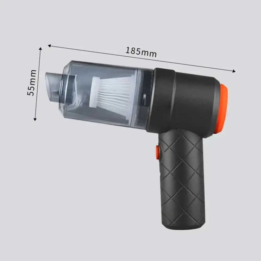 The wireless car vacuum cleaner and its dimensions of 185mm in length and 55mm section hole width.